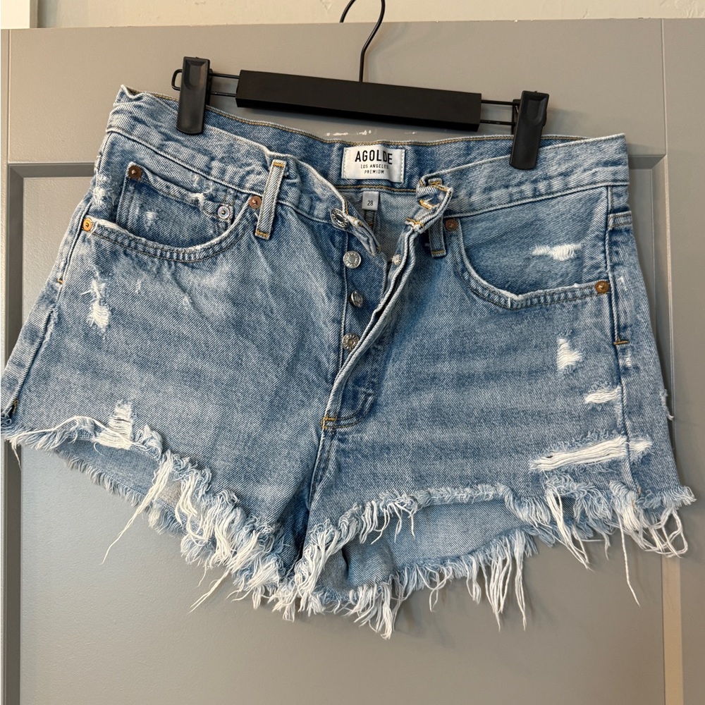 Agolde Frayed Hem Light Blue Jean Shorts
